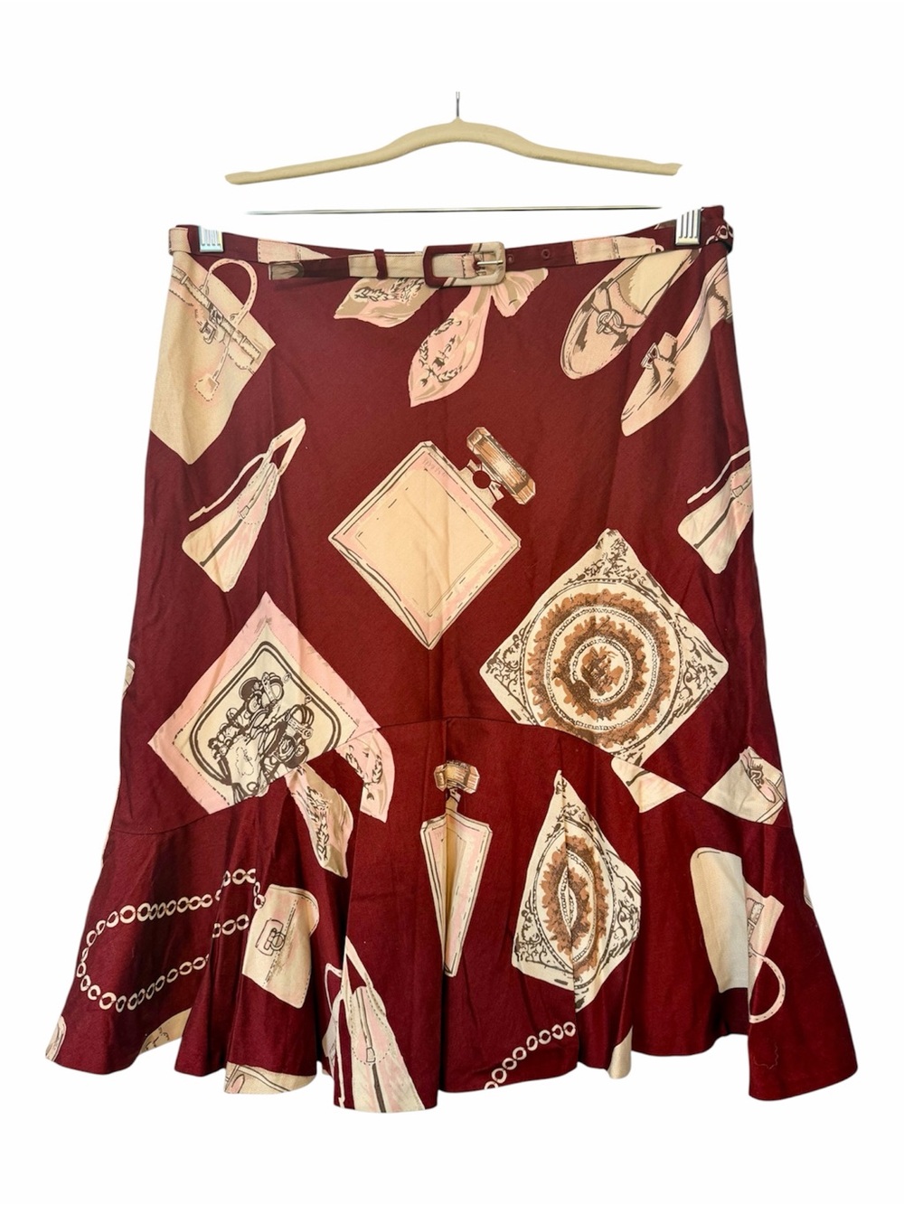 Vintage Anthropologie (Odille) Flare knee-length skirt Burgundy Print Size 8 NWT